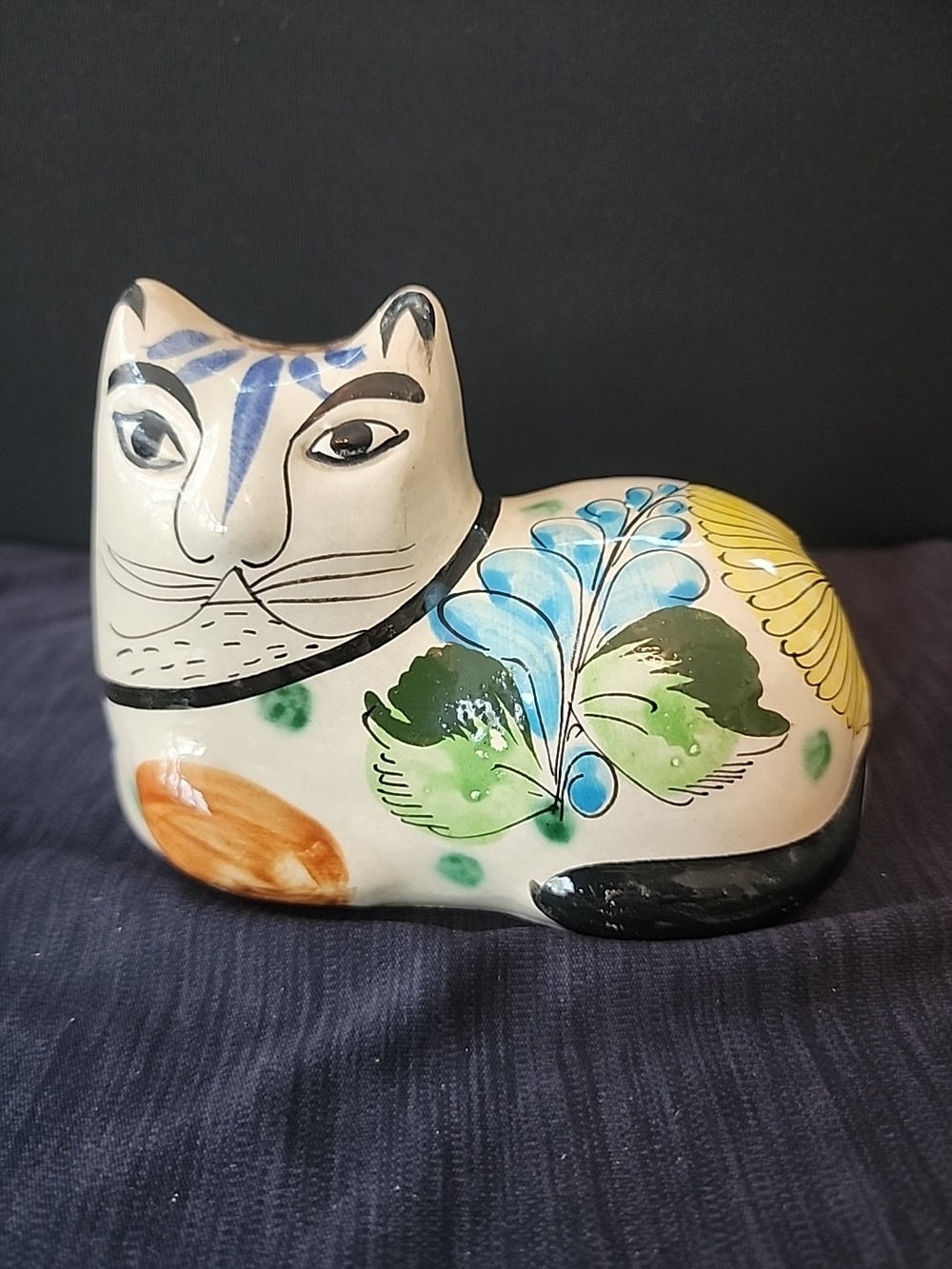 Tonala Pottery Cat Figurine Handpainted Folk Art Kitten Mexico Signed Sun Flower